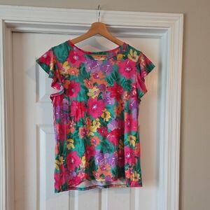 Floral Flutter Short-Sleeve Tee in Green & Pink